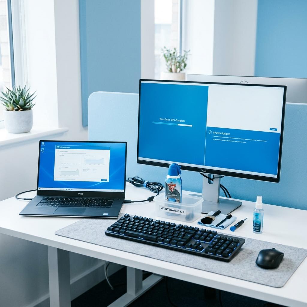 Laptop, keyboard, and desktop monitor arranged for routine computer maintenance in crisp blue and white environment.