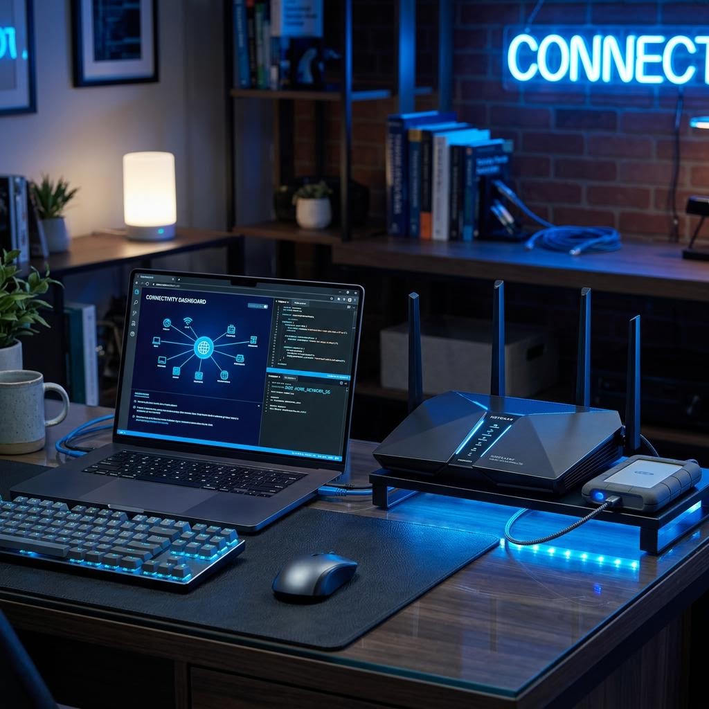 Laptop, wireless router, and external storage arranged in a cool blue connectivity workspace.
