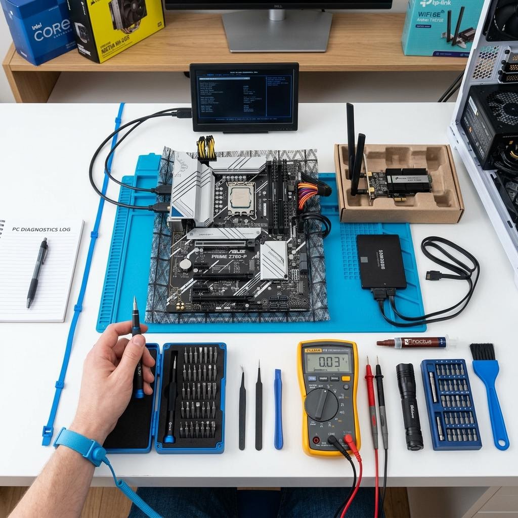 Motherboard, storage drive, network adapter, and tools arranged for methodical PC troubleshooting on a white desk with blue accents.