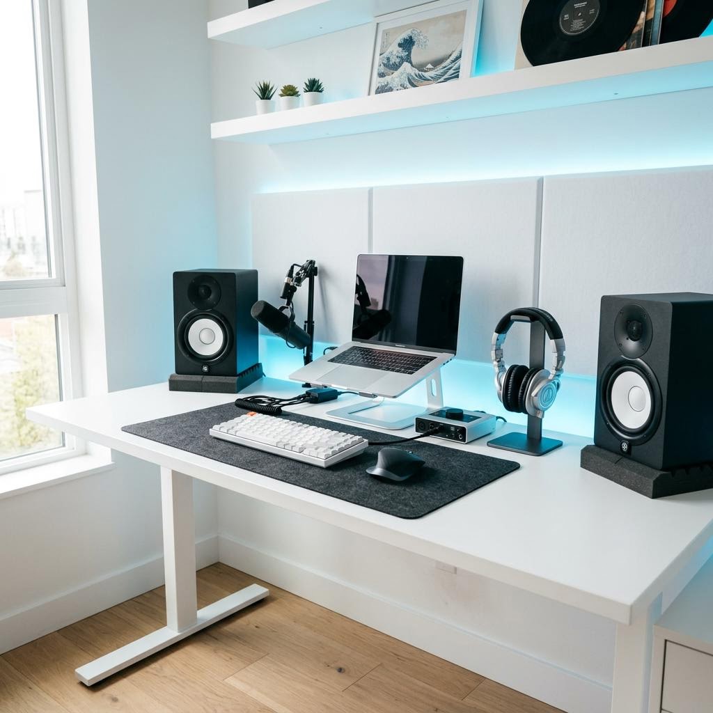 Desktop audio equipment, headphones, and speakers arranged in a clean white workspace with cool blue light accents.