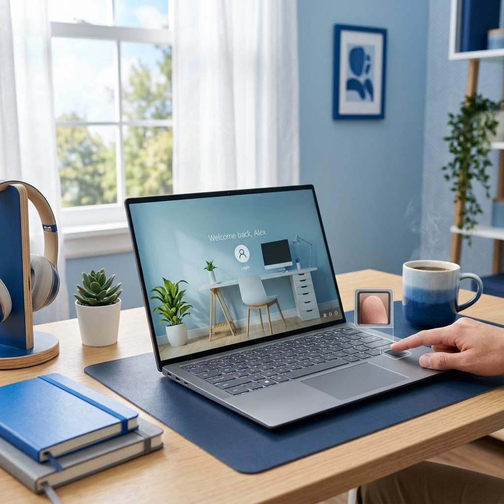 Modern laptop with an integrated fingerprint reader in a bright cool blue home workspace.