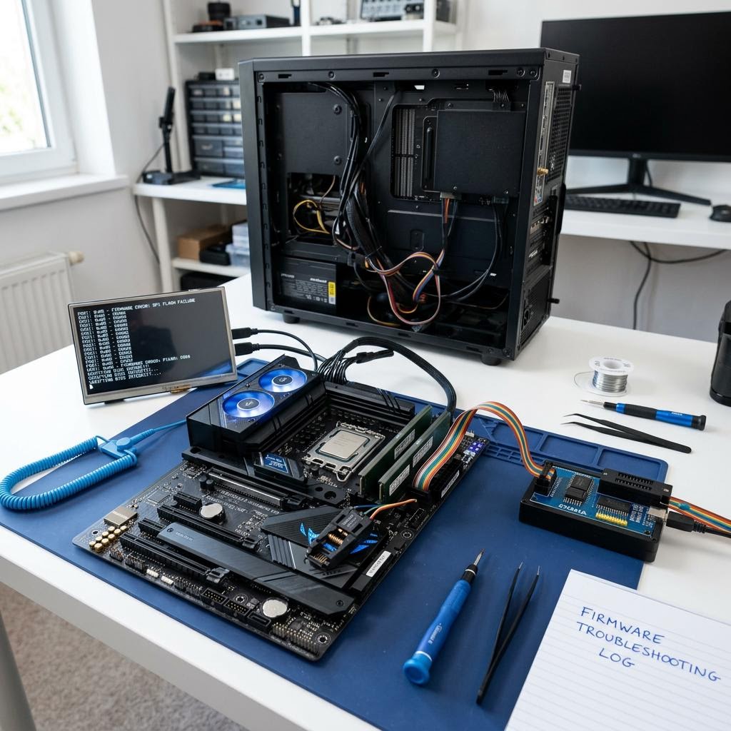 Open desktop computer and motherboard prepared for careful firmware troubleshooting on a crisp white desk with blue accents.