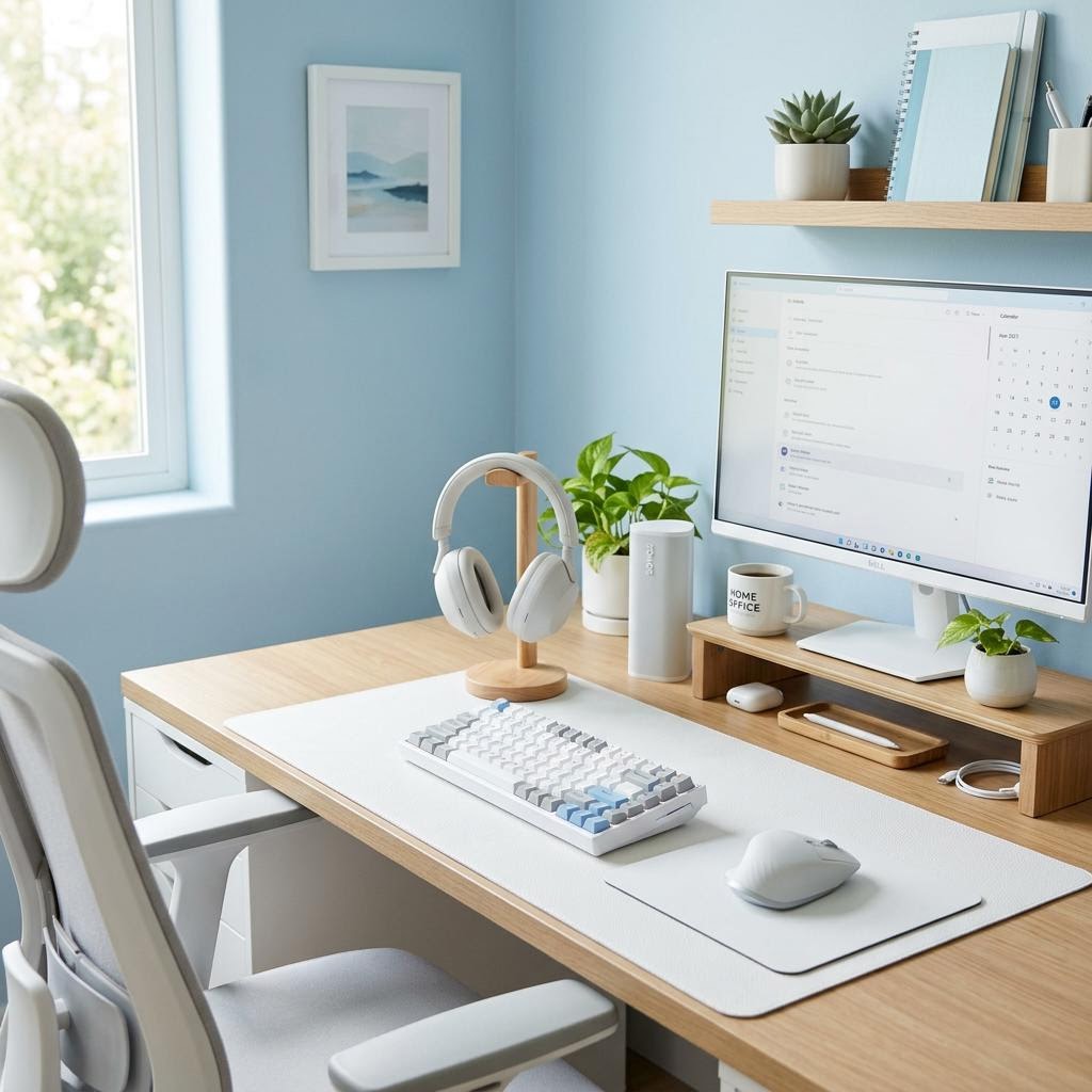 Wireless keyboard, mouse, headphones, and speaker arranged in a light blue and white workspace.