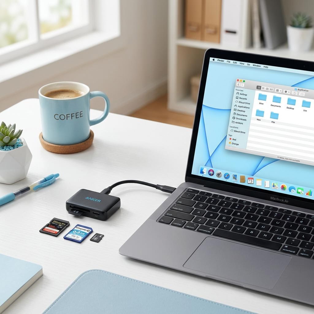 Microsoft Surface storage/reader components driver family: Compact memory card reader and cards beside a laptop on a white desk with light blue accents.