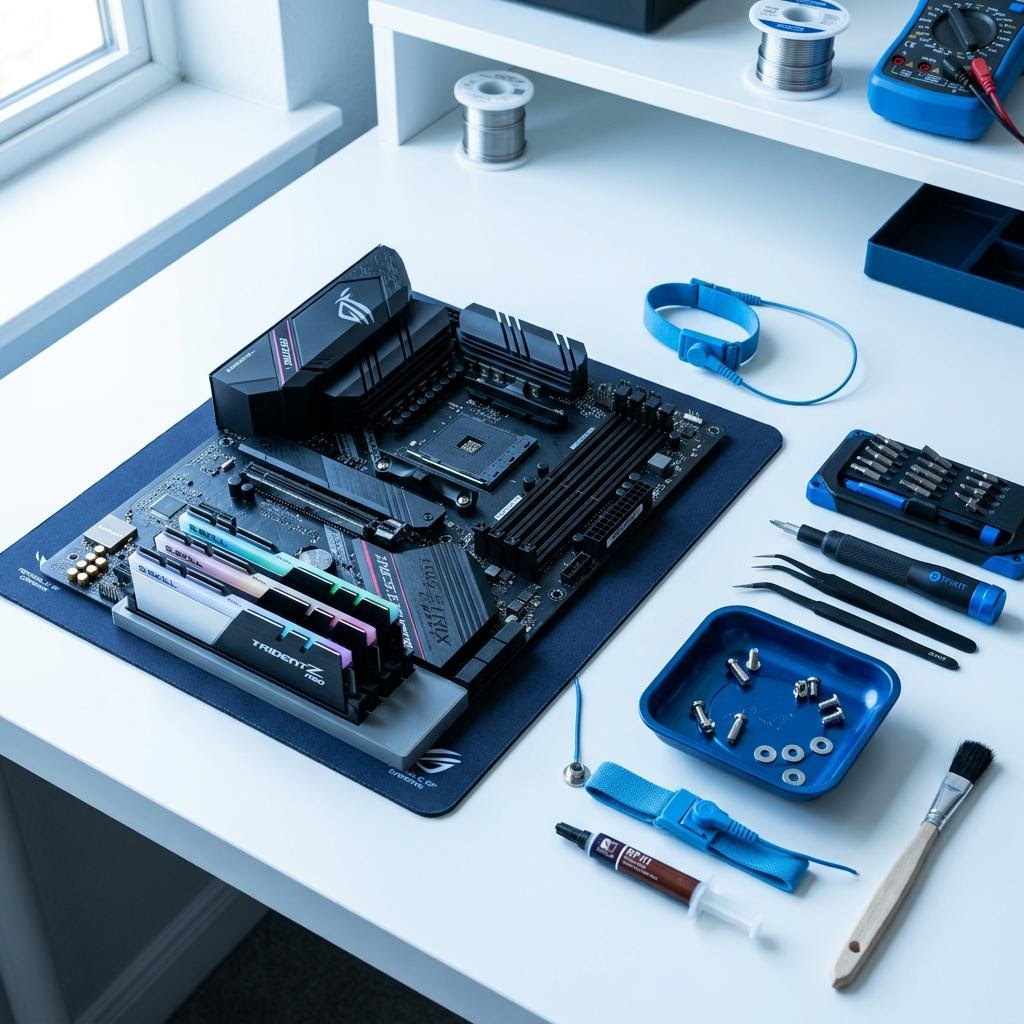 Motherboard chipset area with memory modules and a small heatsink on a clean white work surface with cool blue tones.