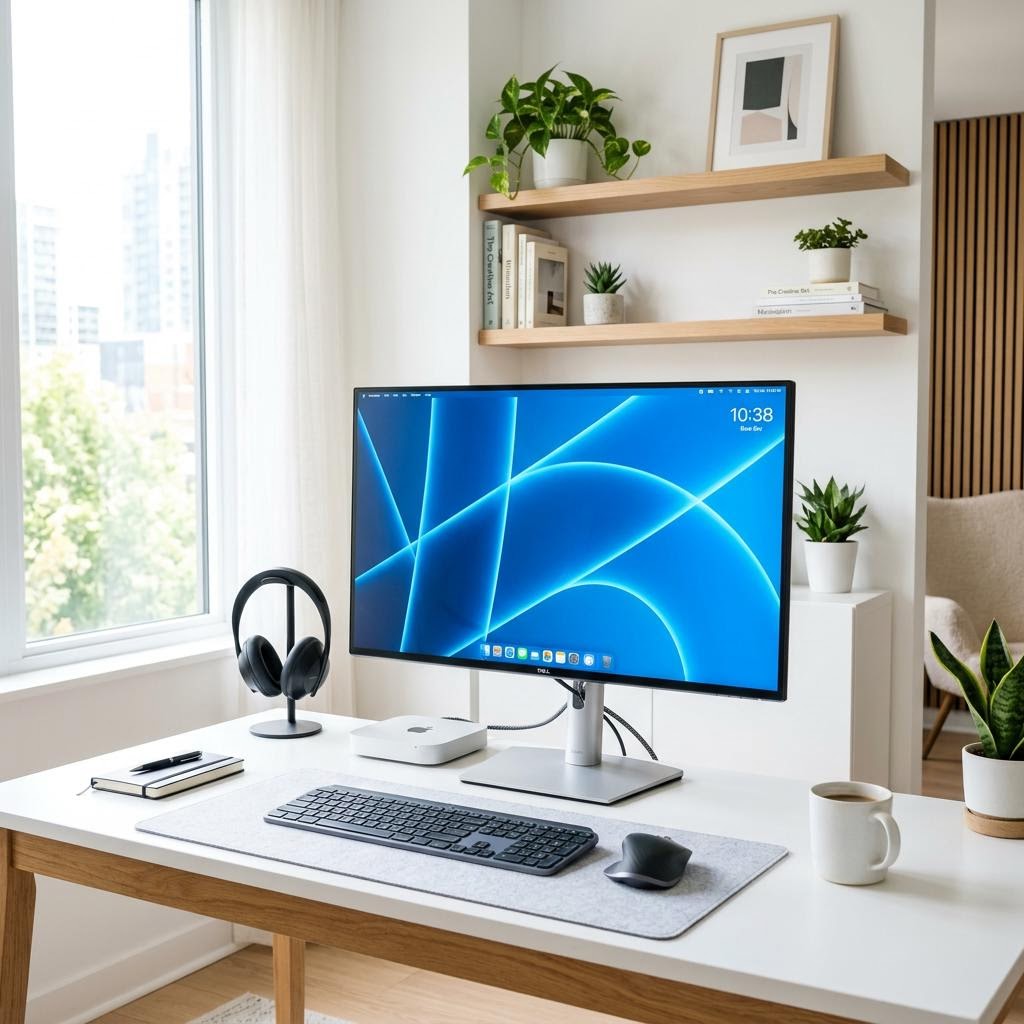 Modern desktop monitor with a cool blue screen in a bright white home office.