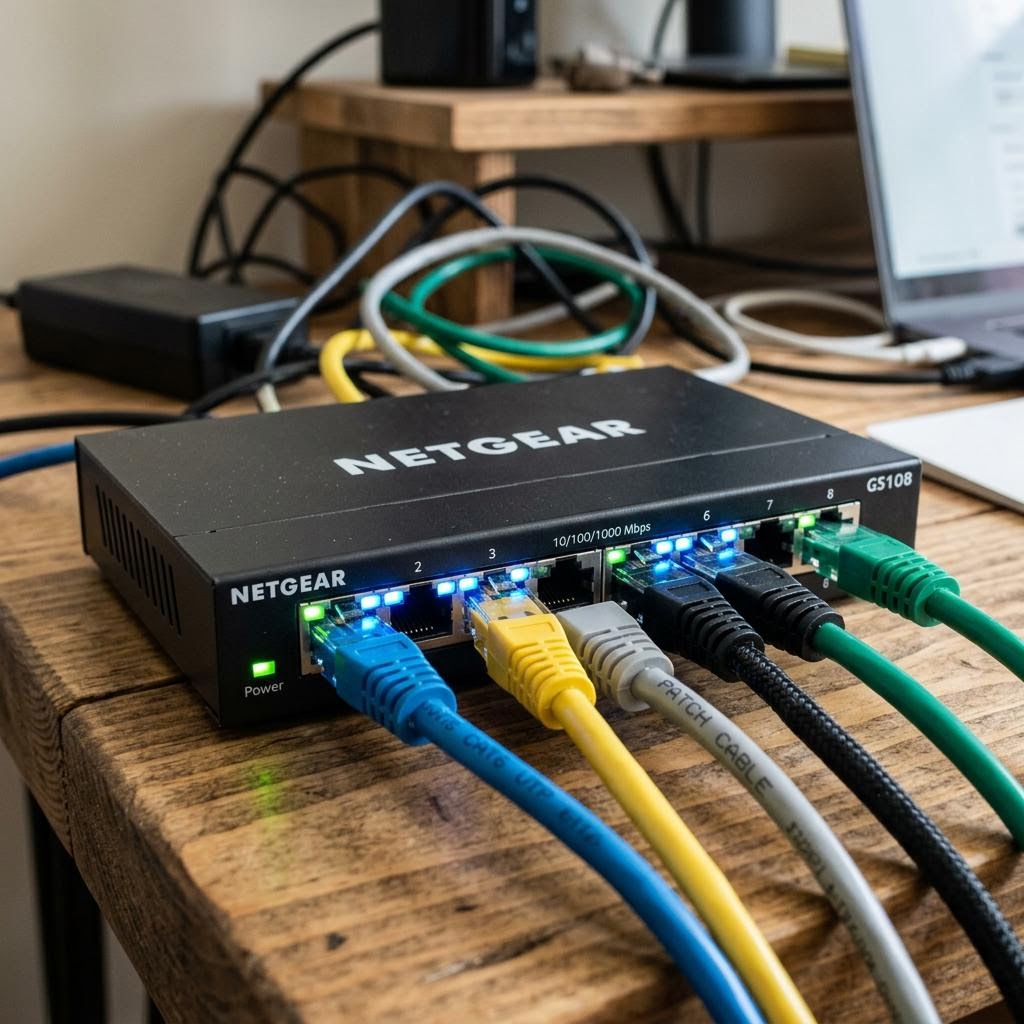 Ethernet cable connected to a compact network switch with blue indicator lights.