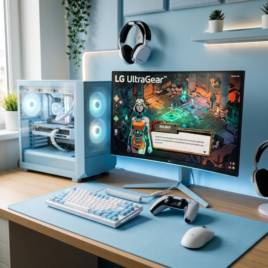 Game controller beside a keyboard and monitor in a clean light blue PC gaming setup.