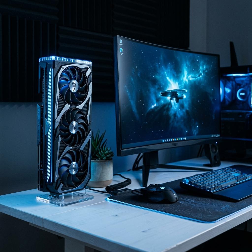 Modern graphics card beside a desktop monitor with cool blue light on a white desk.