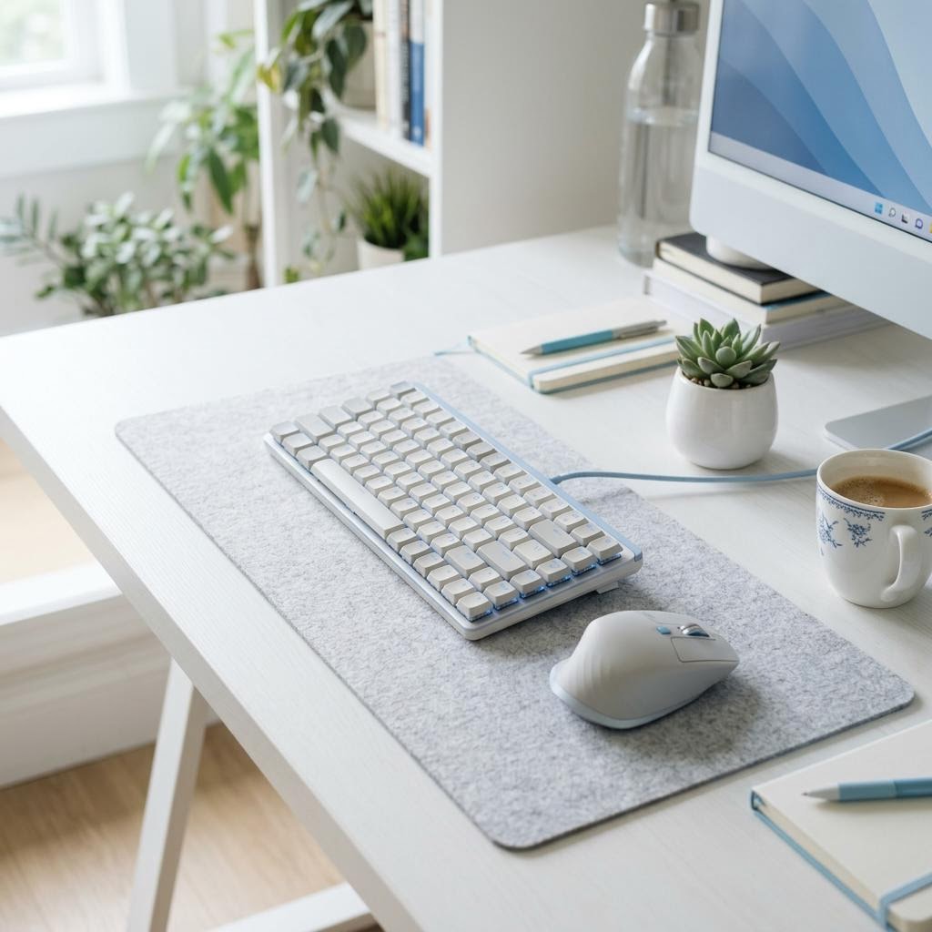 Light neutral mechanical keyboard arranged with subtle light blue accents on a white desk.