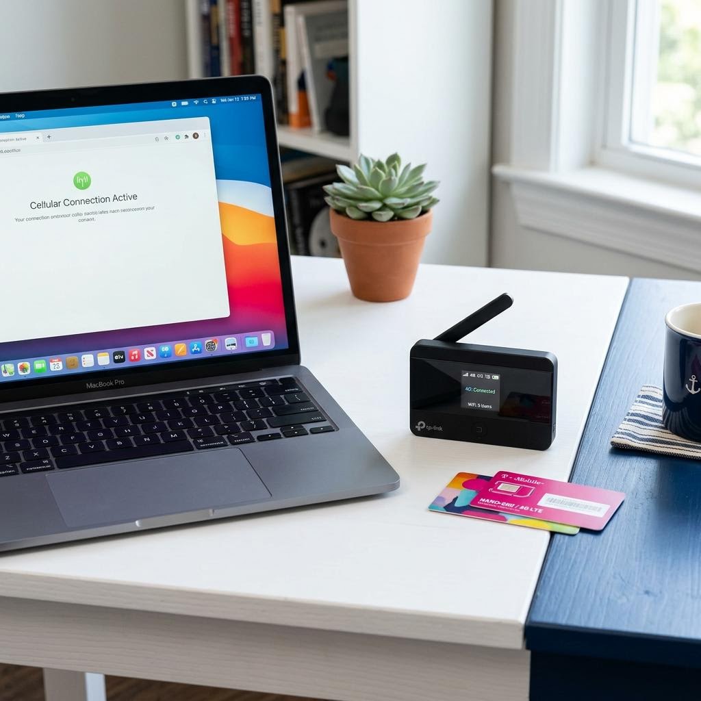 Microsoft Surface WWAN Module driver family: Compact cellular hotspot beside a laptop and SIM card on a neat white and blue desk.