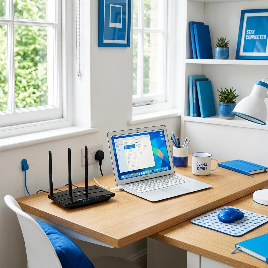 Wireless router beside a laptop in an airy white workspace with bright blue details.