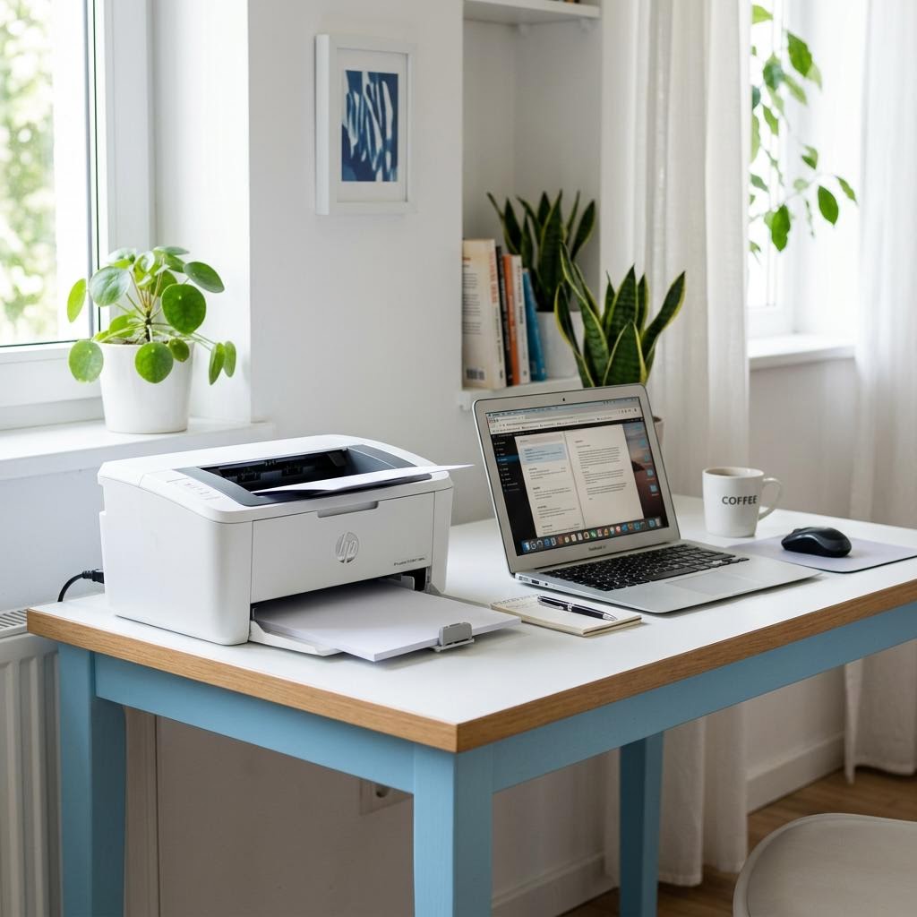 Compact home office printer with blank paper and laptop on a bright white and light blue desk.