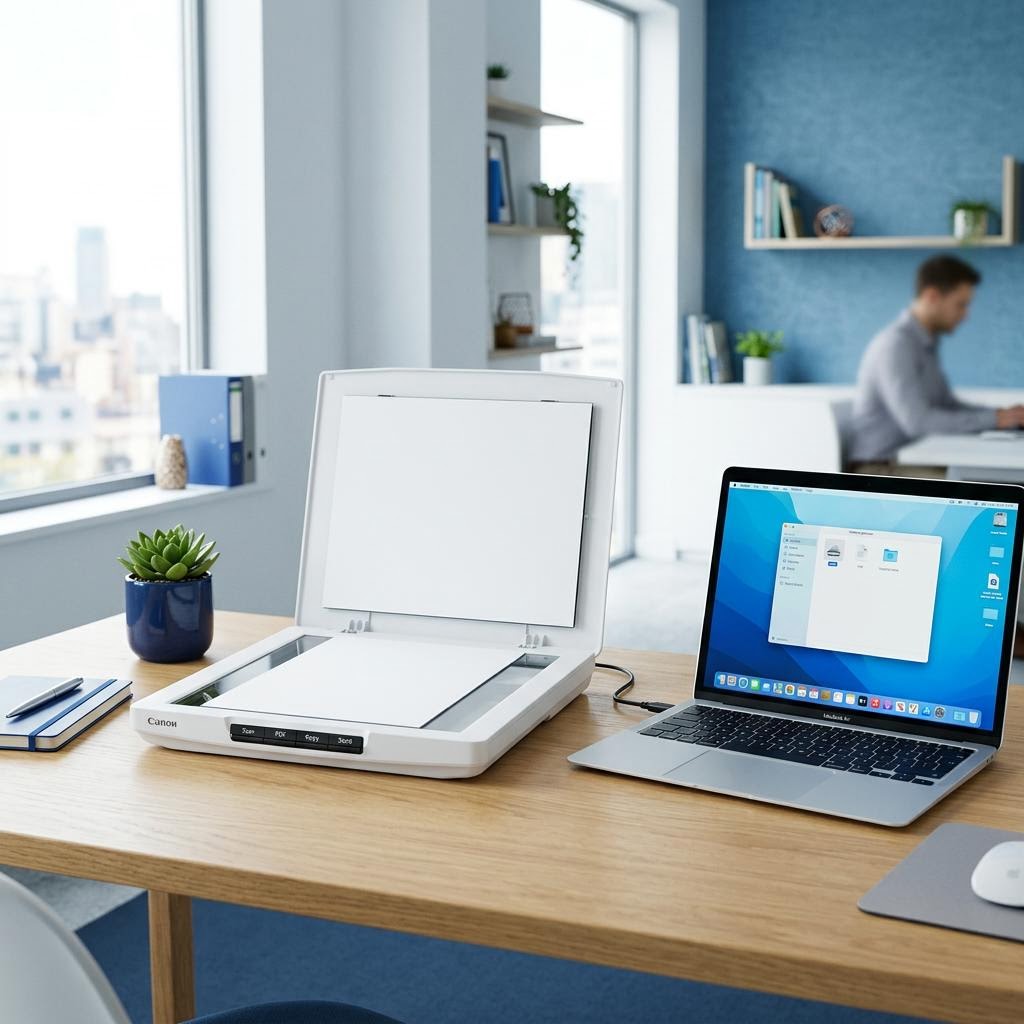 Compact flatbed document scanner with blank paper and laptop in a cool white and blue office.