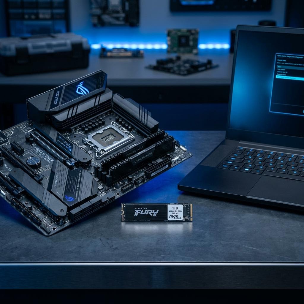 Slim NVMe solid-state drive beside a motherboard and laptop in a cool blue hardware still life.