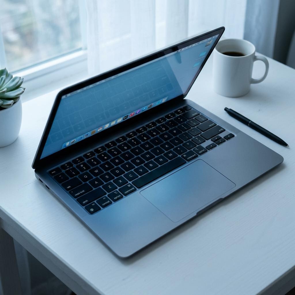 Laptop touchpad and keyboard in soft cool blue daylight on a clean white desk.