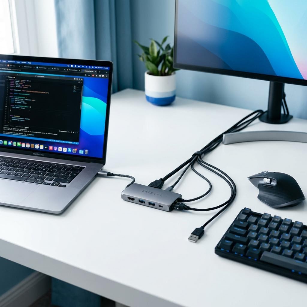 Compact USB-C hub with neatly connected cables and laptop on a clean white desk with blue tones.