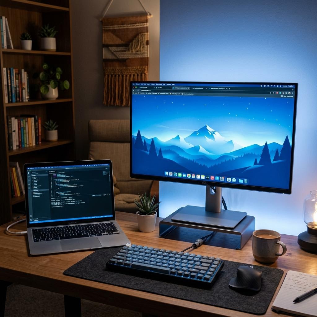 Windows Sandbox Virtual Devices driver family: Laptop and desktop monitor arranged as a calm virtual computing workspace with soft blue light.