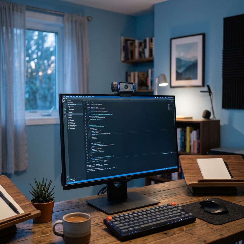 Small webcam mounted above a desktop monitor in a softly lit cool blue home office.