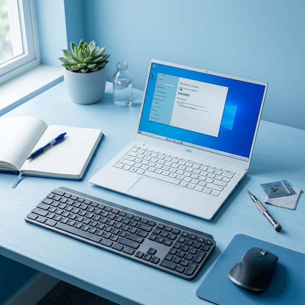 Laptop, blank notebook, keyboard, mouse, and screwdriver prepared for a driver update in a cool light blue setting.