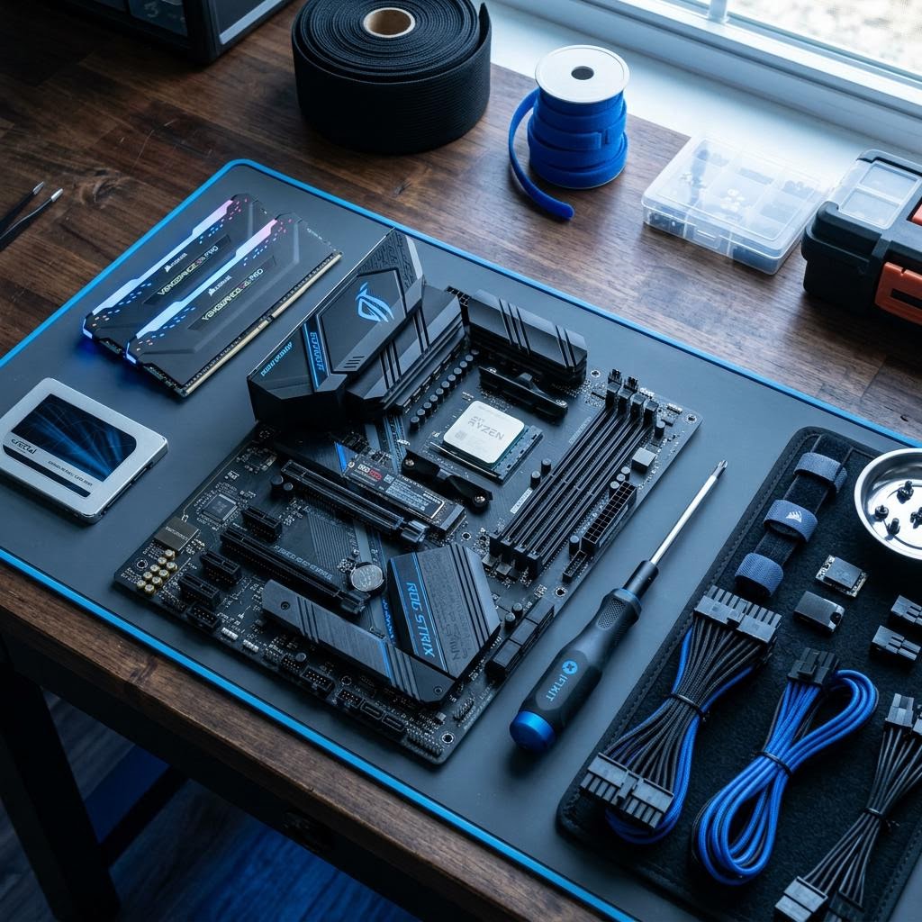 Motherboard, memory, storage drive, screwdriver, and cable organizers on a building workspace with crisp blue hues.