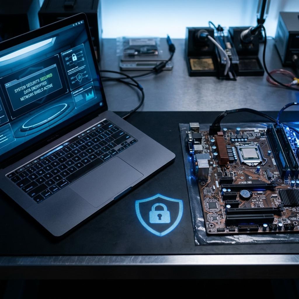 Laptop and motherboard with a subtle shield-shaped light reflection representing security in cool blue tones.
