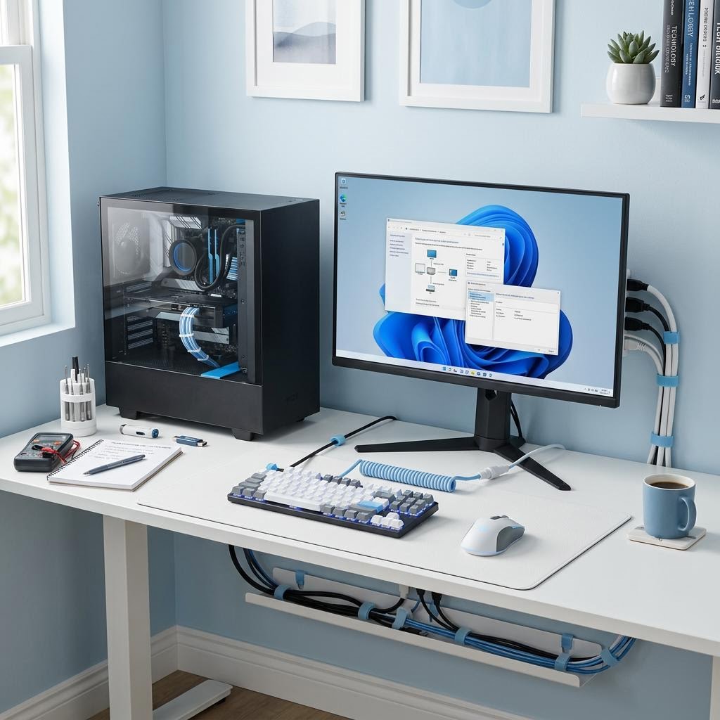 Desktop computer, keyboard, mouse, and organized cables in a calm troubleshooting setup with white and light blue theme.