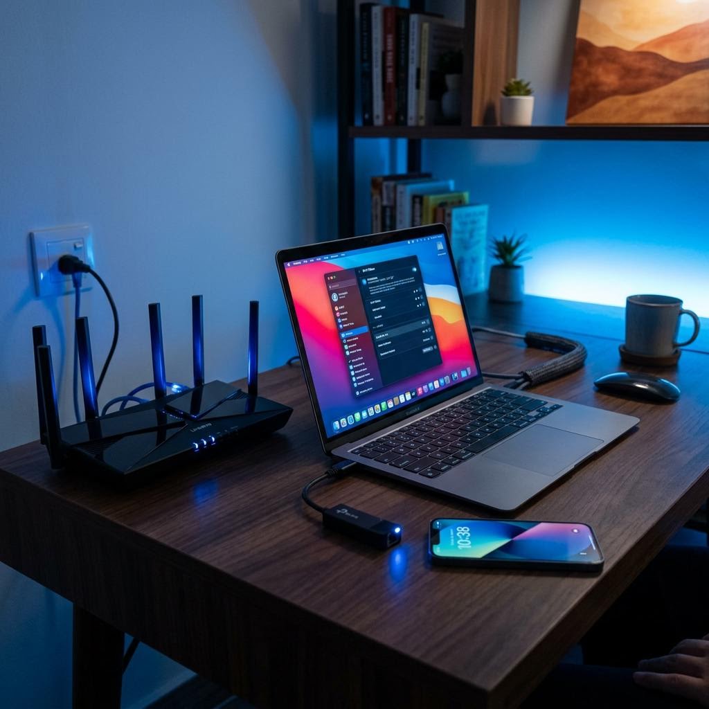Laptop, wireless router, phone, and network adapter arranged for a wireless setup in cool blue lighting.