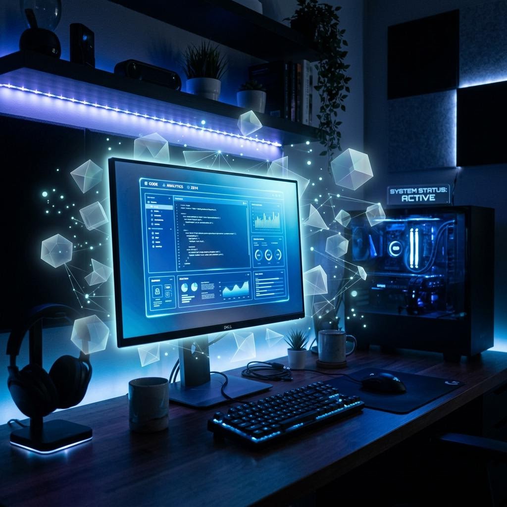 Desktop monitor surrounded by subtle translucent shapes in a cool blue technology workspace.
